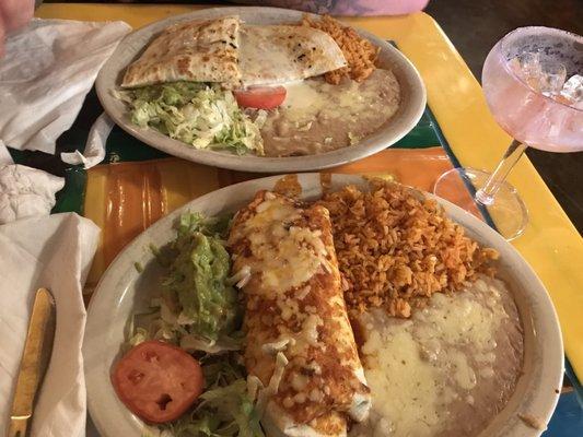 Shrimp quesadilla and beef and chicken burrito