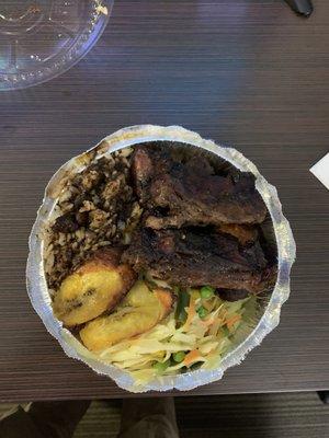 Jerk chicken, rice and beans, plantains