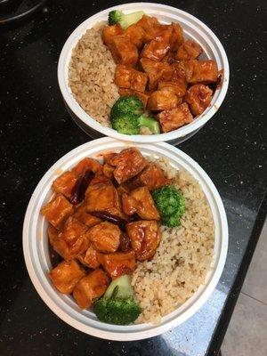 General Tsos Tofu. $11 for both (lunch special). Get it with brown rice. Yum!