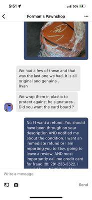 Another message where seller is admitting they did not provide the item as guaranteed and not taking my concerns seriously