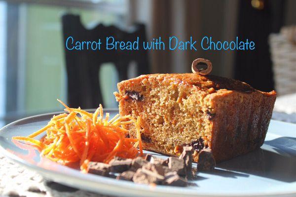 Organic carrots, dark chocolate, cinnamon and coconut oil make a moist and decadent  tasking quick bread. This is the #1 loaf at market.