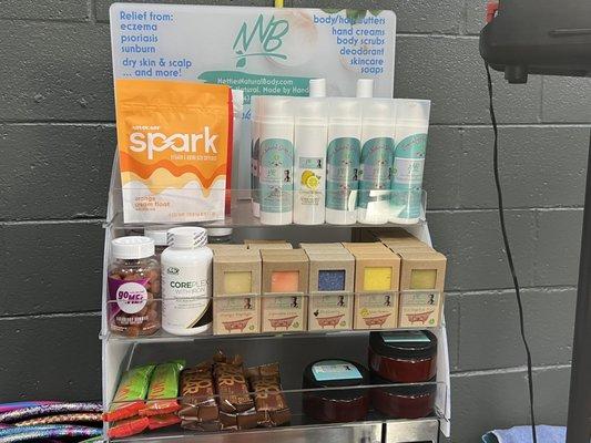 Health products. Protein bars, drinks, supplements, soaps and hair/skin products.