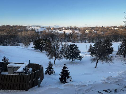 View of the Loess Hills behind campus during winter