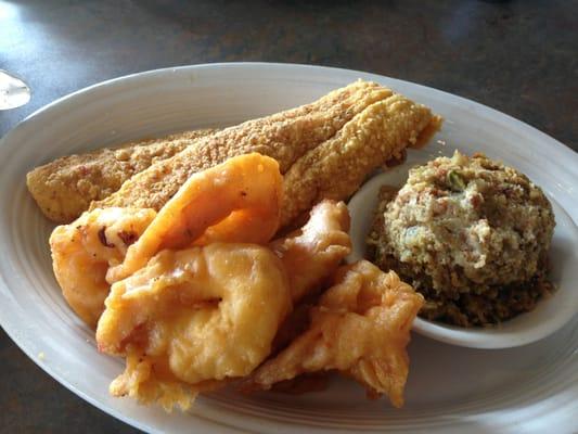 Catfish and Jumbo Shrimp combination, cornbread dressing side