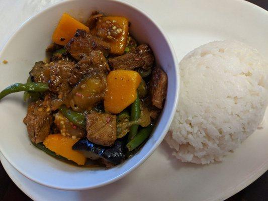 Pinakbet. Meat, bittermelon, squash, green beans, eggplant--seasoned with patis and other flavors. ($11)