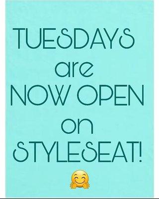 Open on Tuesdays... Yayyyy!!!! Styleseat.com/creationsbyshay