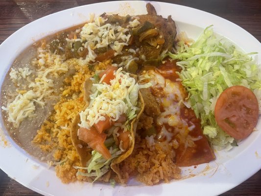 Mexican plate: red cheese enchilada, chile relleno, crunchy ground beef taco 10/10