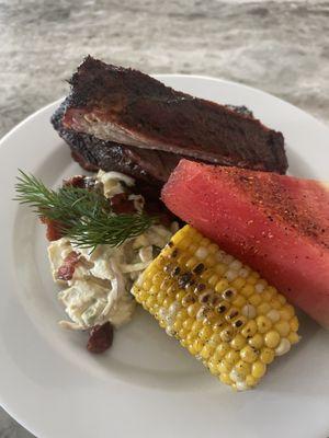 Smoked Ribs, Dill Bacon Potato Salad,charred Corn