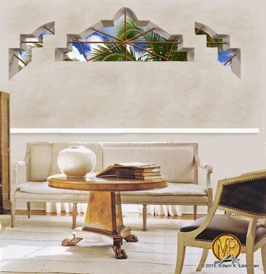 "Balmy" is a tropical-themed architectural trompe-l'oeil print by artist Edwin K. Leishman. www.wallsmarternow.com