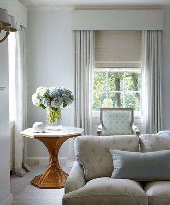 Roman Shades with stationary side panels give this room a clean elegance.