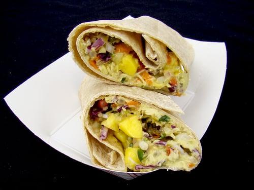 Avocado Hummus Wrap - Hummus, Sprouts, Shredded Red Cabbage & Carrots topped with Mango Salsa. Deluxe Lunch Box Menu Katering