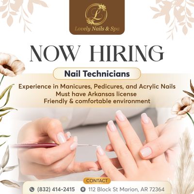 NOW HIRING: Nail Technicians 
 
  Lovely Nails & Spa is seeking talented Nail Technicians to join our welcoming team.