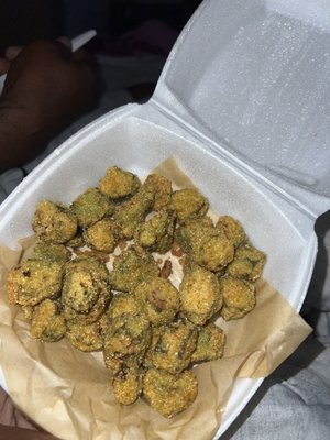 This is a sad order of Fried Okra. Not only is it soggy but it barely covers the bottom of the container.