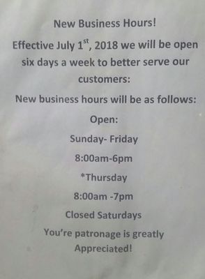 New Hours (comes with a price increase too) :-(