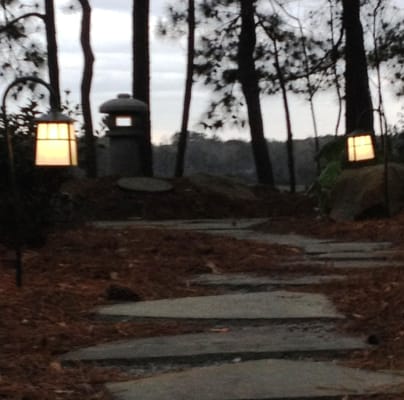 Accent Lamps Along a Pathway with Japanese Garden Lantern Focal