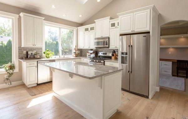 Wide-plank oak floors in kitchen