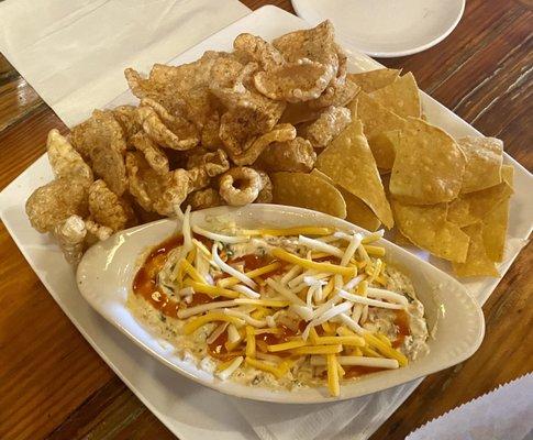 Fried Pork Skins Creamy Bacon & Collard Dip---delish