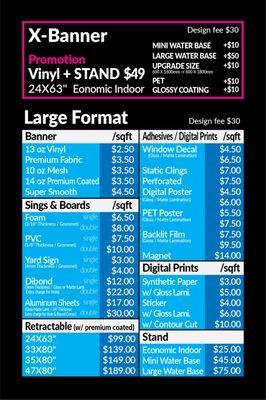 Large Format, Banner, Board Price Chart *Prices may be changed at any time without further notice.