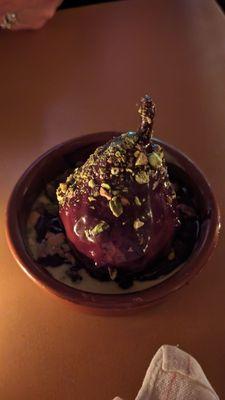 Pear dessert with creme anglaise pistachio chocolate