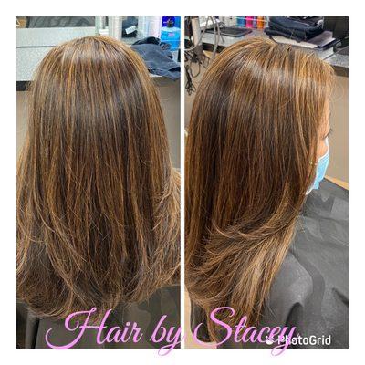 Caramel Hilights, 1st step in lightening process. (Previously boxed black) healthy happy hair. Olaplex with every step.