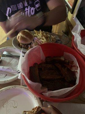 We ordered the brisket and a 3 lb bucket of baby back ribs.