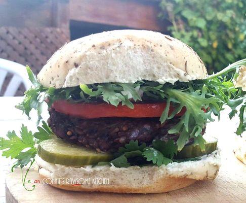 Vegan Burger and Bun with arugula, cuke and a mater