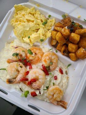 Grilled Shrimp & Grits with scramble eggs and potatoes