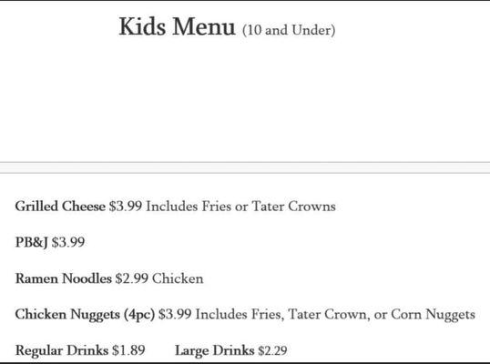 New kid's menu as of Mar '21 (no longer open for breakfast)