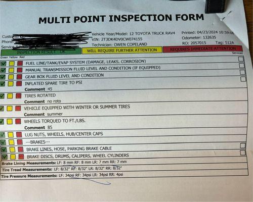 Local Toyota Dealer Inspection Form reporting 8mm front brake pads and 7mm rear brake pads.