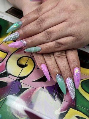 Mermaid nails, hand painted nail art, chrome, and embellishments