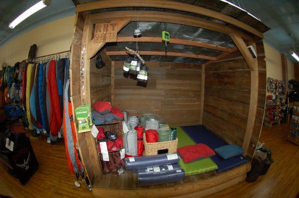 Our replica Appalachian Trail shelter/ Sleeping bag and pad demo area