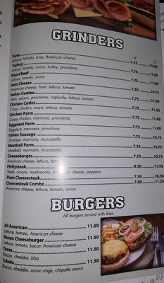 Grinder and Burger menu