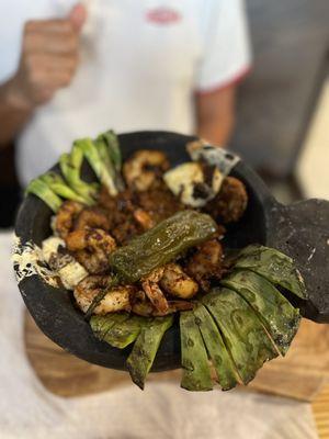 Molcajete with grilled shrimp