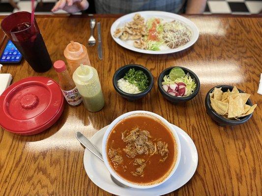 Delicious Pozole Rojo, before adding the sides. Shredded pork, NO bones!