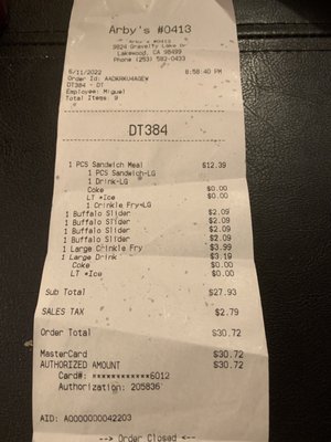 $30.72 order DT384, 8:58:40 PM