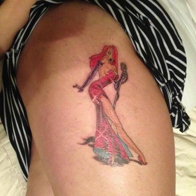 Jessica Rabbit thigh tattoo done by Jay