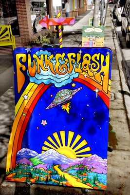 Our custom painted, double sided, sandwich board.