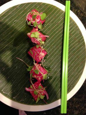 Compressed Watermelon Salad Spicy Crispy rice puffs,