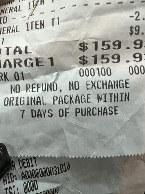 Receipt for return in 7 business day