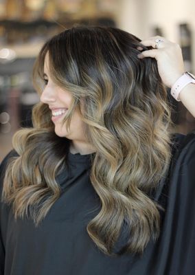 Caramel Dimensional Brunette Balayage/Ombre with Long Curtain Bang/Face Framing