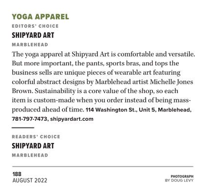 2022 Best of Northshore winner for yoga apparel in Northshore Magazine.