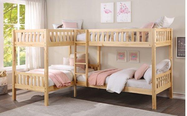 Twin Size Corner Bunk Bed. Natural Pine, Solid Wood Twin Size Bunk Bed
  Available 678-334-6149