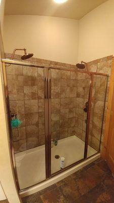 The shower with two shower heads, love it! No where to put our shower stuff though. :(