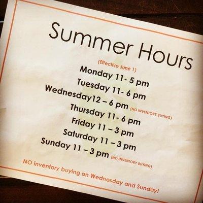 SUMMER HOURS effective June 1st!