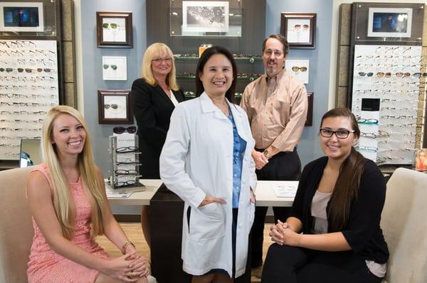 First Sight Vision Care'sTeam. Back row:Opticians, Susan and Vince. Front row: Pt. coordinators, Ashly and Paris.