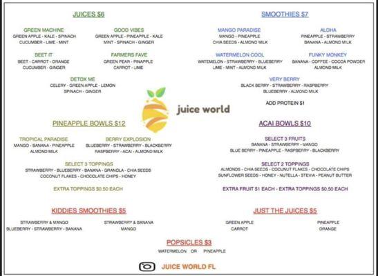 Juice World menu