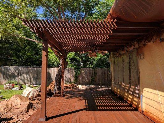 An ipe deck and adjoining pergola we brought back to life in Hyde Park.  We applied Olympic Elite canyon sunset semi-solid stain.