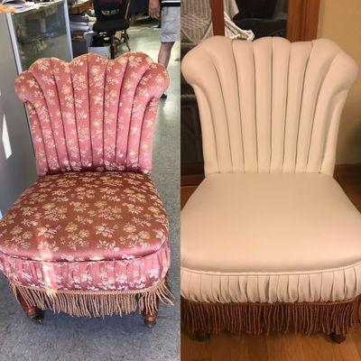 Before/After, vintage sitting chair, now more practical sitting chair