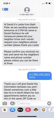 Text message confirming Daniel Pacheco will doremeasurement on 6/17.