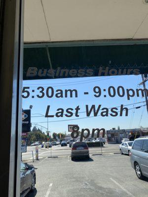 Business hours, Open 5:30-9:00pm, Last wash 8pm